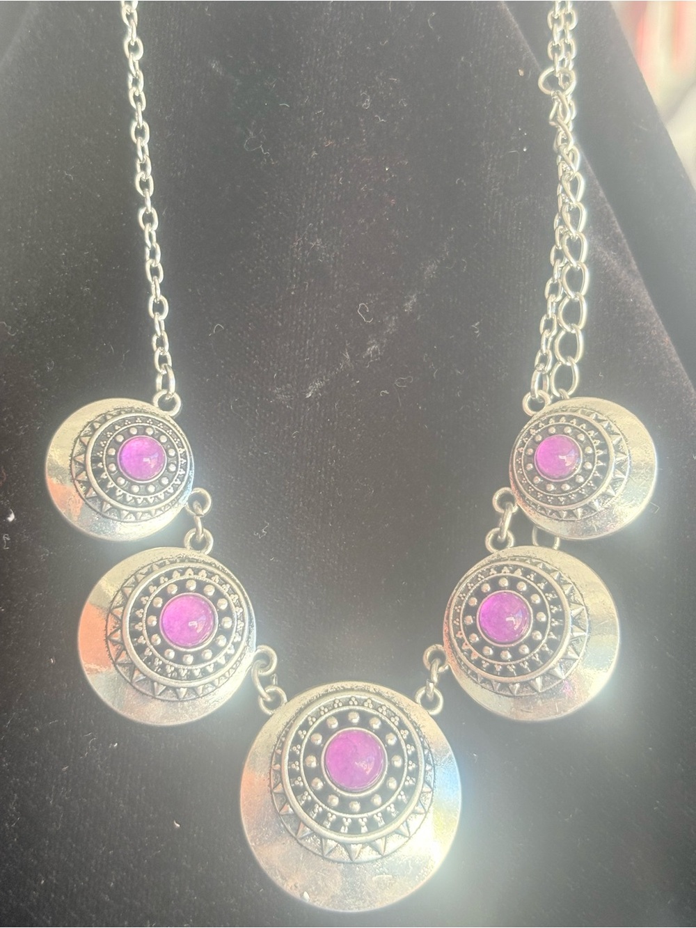 Silver-Tone Statement Necklace with Purple Cabochon Accents-B